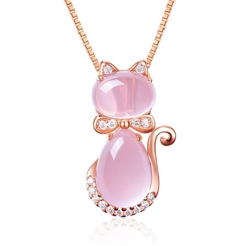 Necklace with Adorable Cat in Pink Stone with Zircon