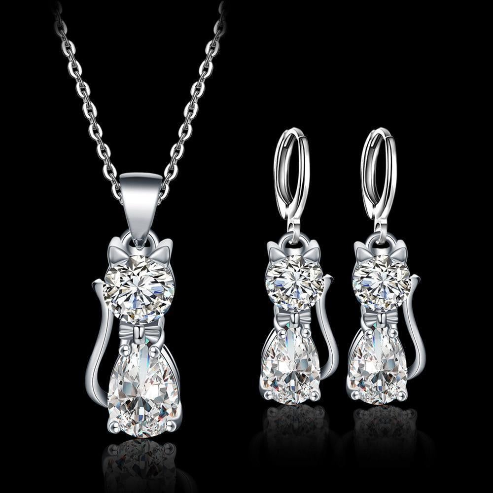 Set necklace + earrings Happy Cats in sterling silver and shiny white zirconia