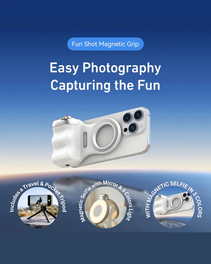 GripShot Pro – Magnetic Phone Camera Grip with Shutter & Magnetic Selfie Light 2.0 & Tripod