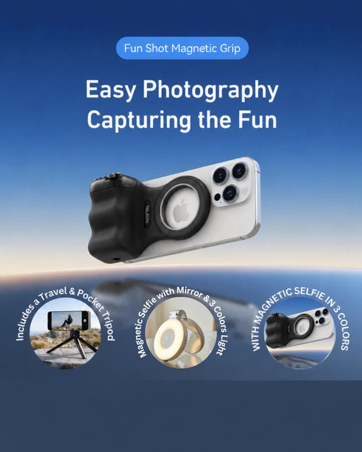 GripShot Pro – Magnetic Phone Camera Grip with Shutter & Magnetic Selfie Light 2.0 & Tripod