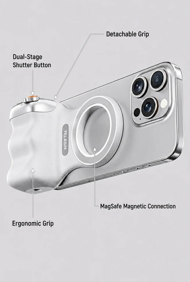 GripShot Pro – Magnetic Phone Camera Grip with Shutter & Magnetic Selfie Light 2.0 & Tripod