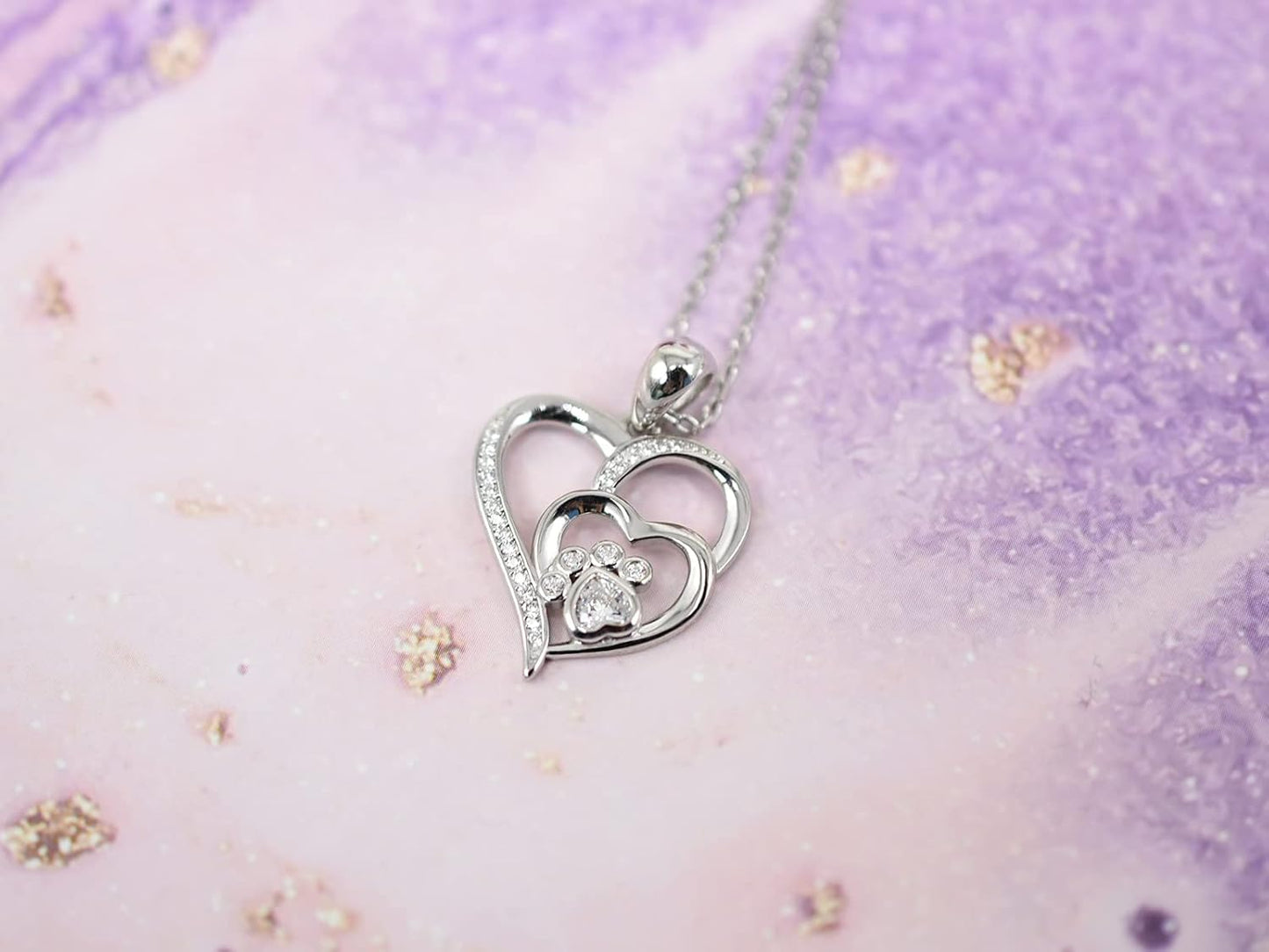 Sterling Silver Necklace with Paw and Heart with Zirconia
