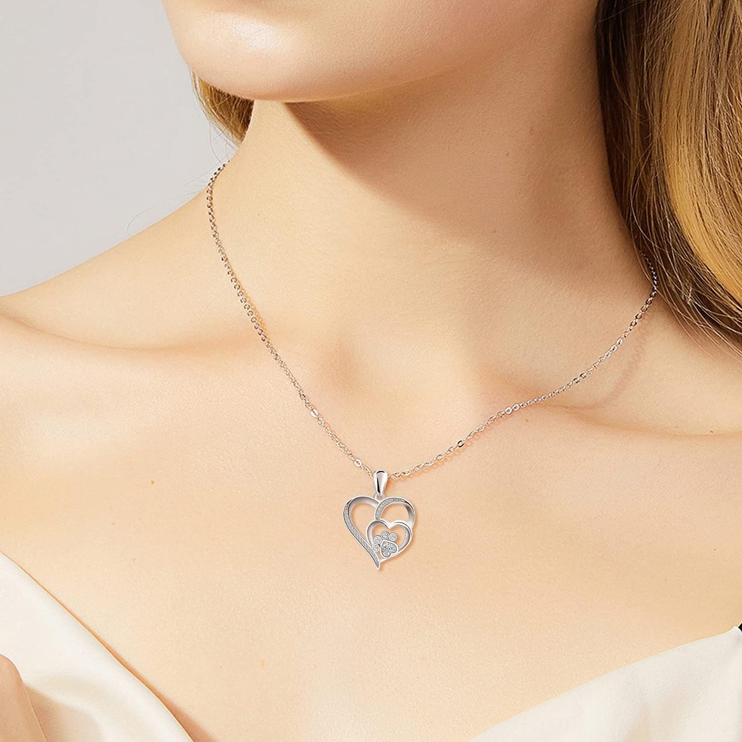 Sterling Silver Necklace with Paw and Heart with Zirconia