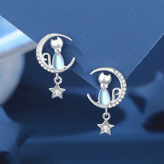Cat earrings with moon and star in sterling silver 925 with zirconia