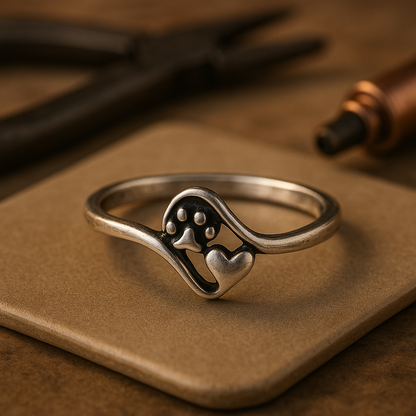 Vintage silver ring with paw print and heart motif