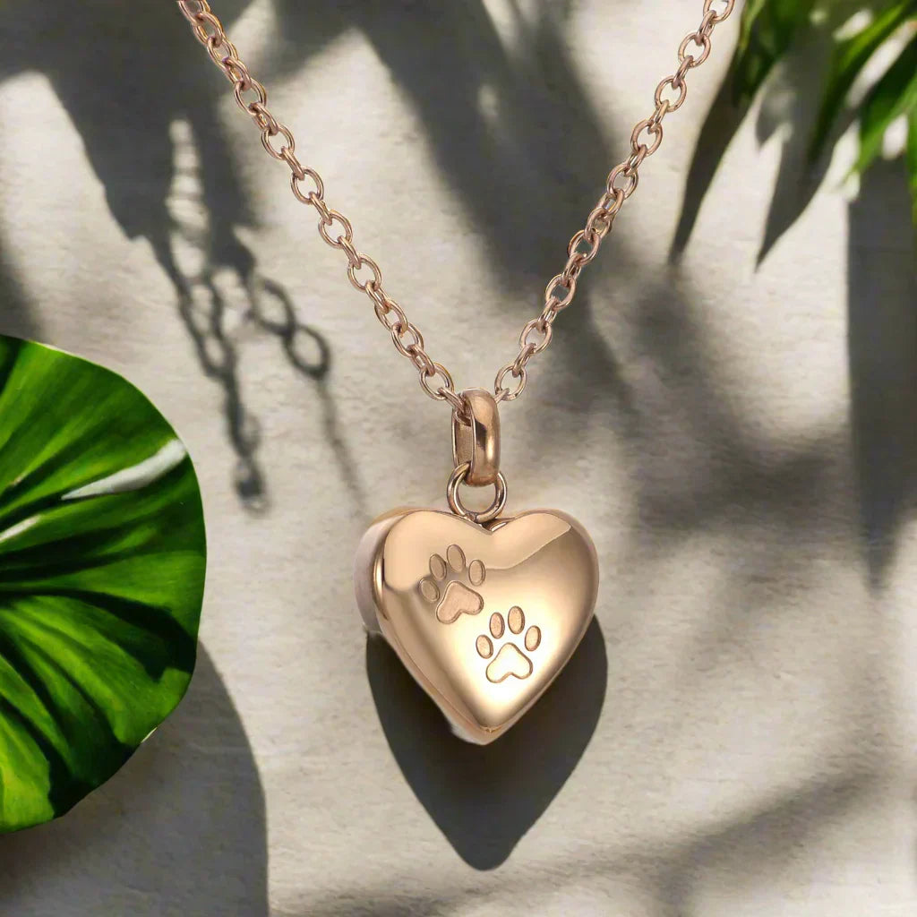 Pet Memorial Urn Necklace – Heart-Shaped Pendant with Paw Print Engraving