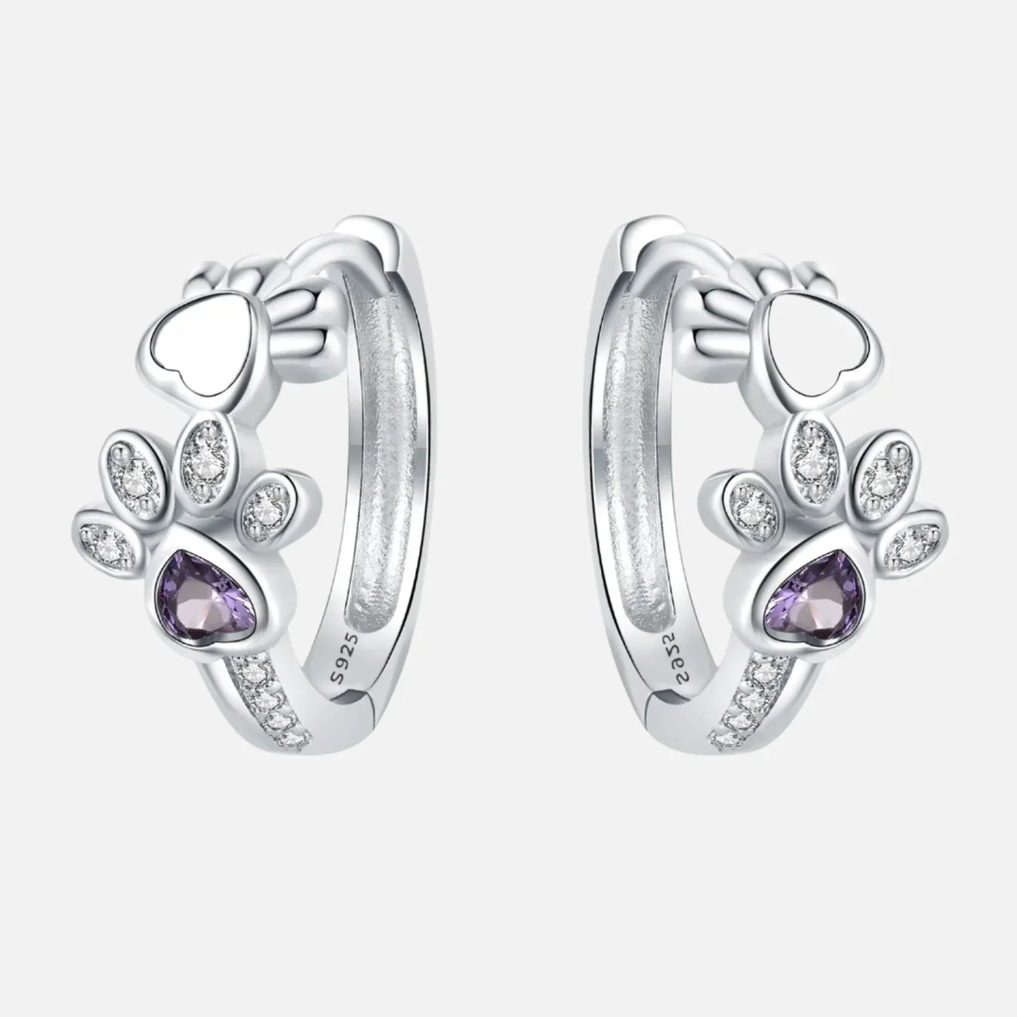 Paw Huggie Earrings in Silver with Zirconia and Heart-Shaped Gemstone