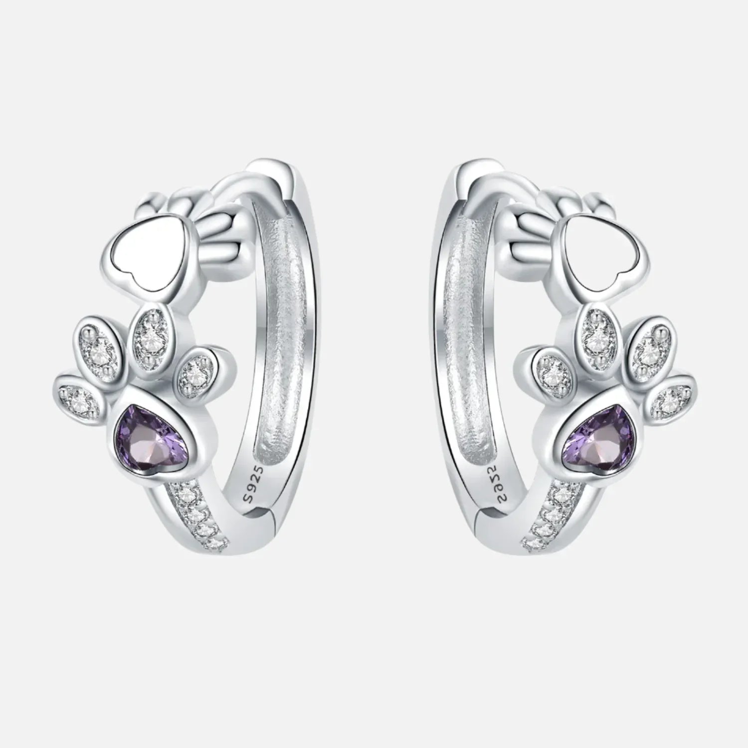 Paw Huggie Earrings in Silver with Zirconia and Heart-Shaped Gemstone
