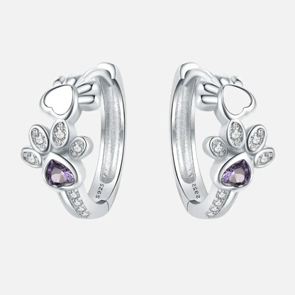 Paw Huggie Earrings in Silver with Zirconia and Heart-Shaped Gemstone