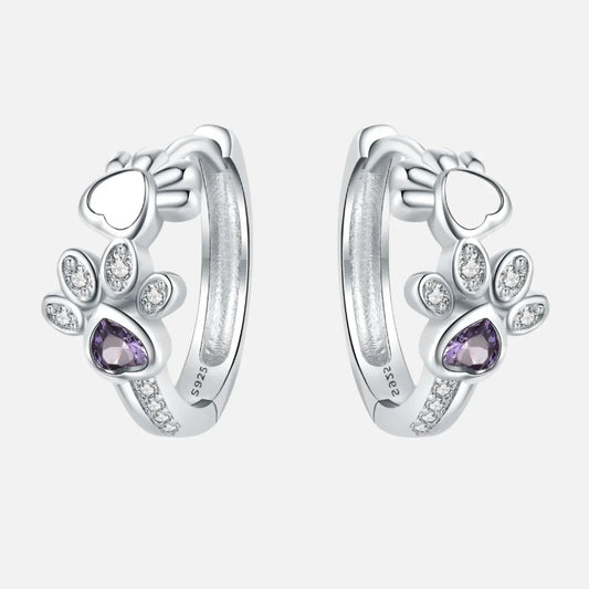 Paw Huggie Earrings in Silver with Zirconia and Heart-Shaped Gemstone