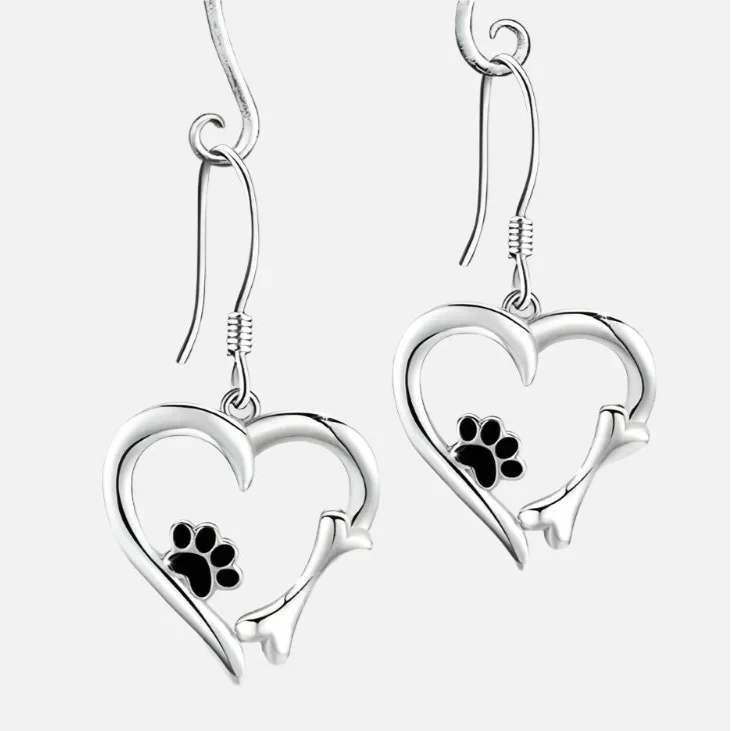 Silver Drop Earrings with Heart and Paw Print Design
