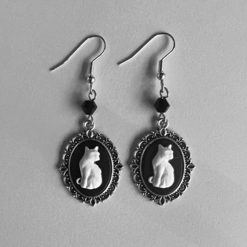 Vintage White Cat Drop Earrings – Silver Frame Jewelry for Women