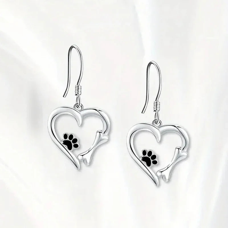 Silver Drop Earrings with Heart and Paw Print Design