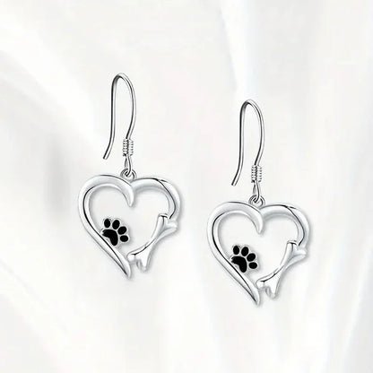 Silver Drop Earrings with Heart and Paw Print Design