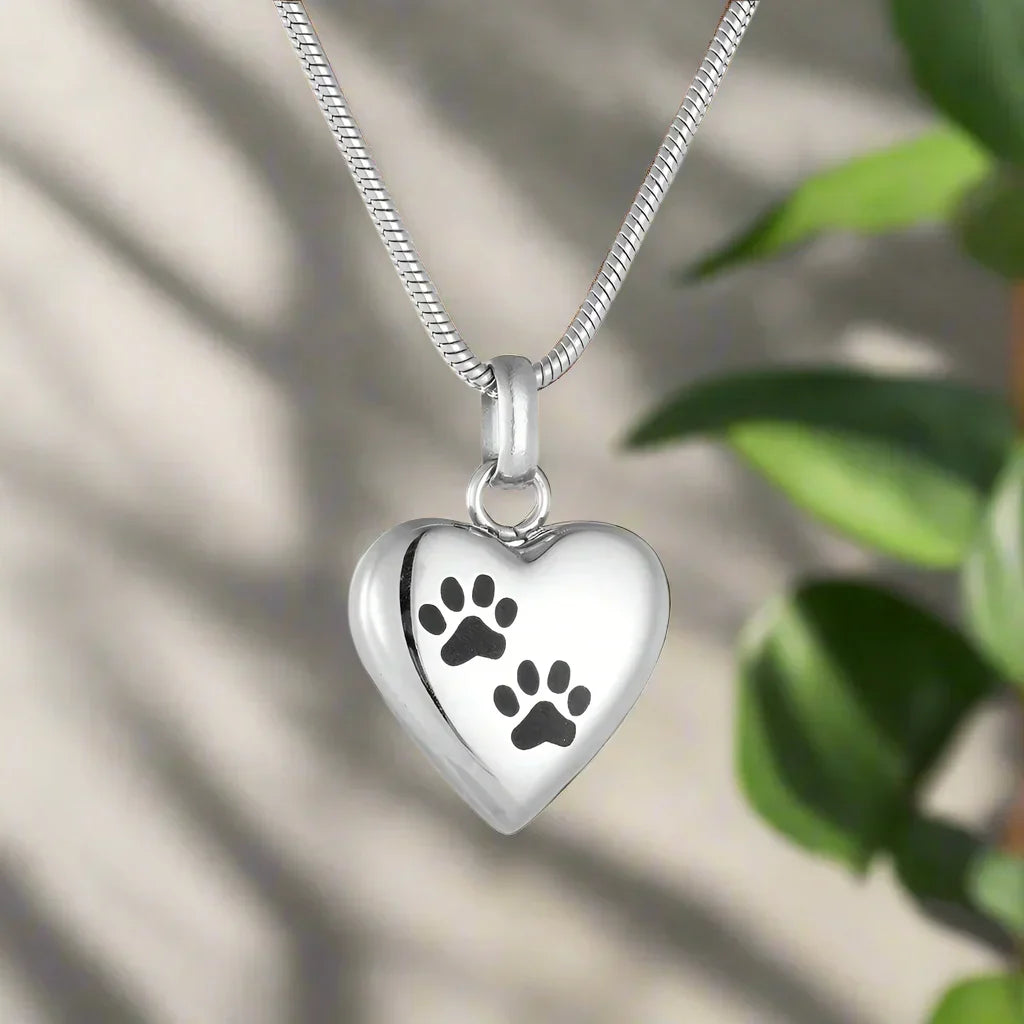 Pet Memorial Urn Necklace – Heart-Shaped Pendant with Paw Print Engraving