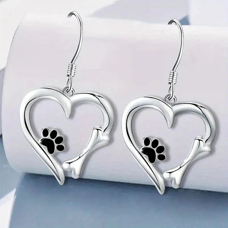 Silver Drop Earrings with Heart and Paw Print Design