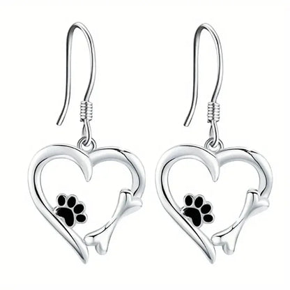 Silver Drop Earrings with Heart and Paw Print Design
