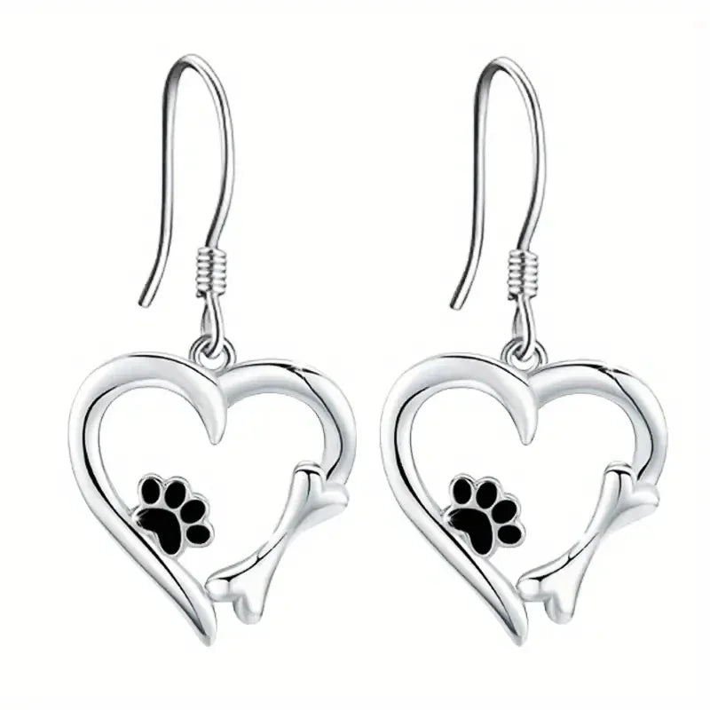 Silver Drop Earrings with Heart and Paw Print Design