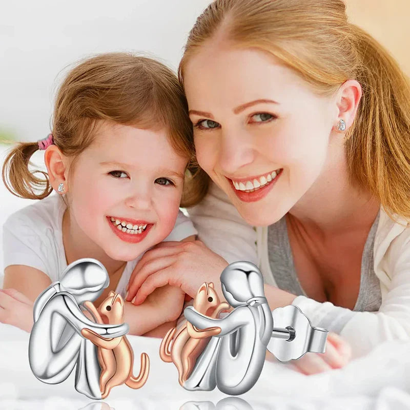 Bicolor Silver and Gold Cat Hug Earrings