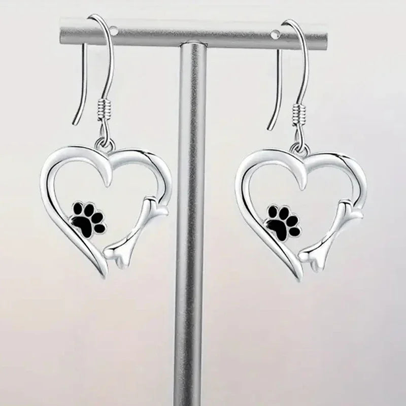 Silver Drop Earrings with Heart and Paw Print Design