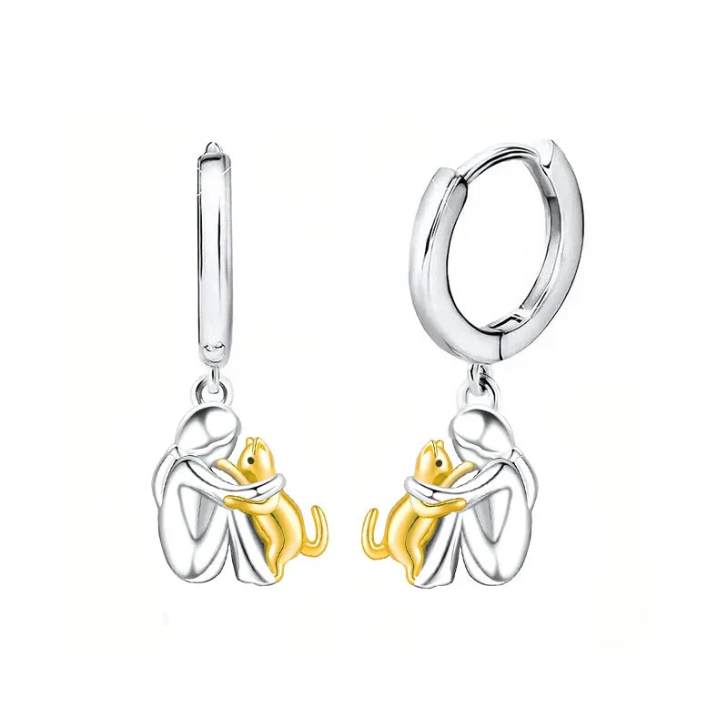 Bicolor Silver and Gold Cat Hug Earrings