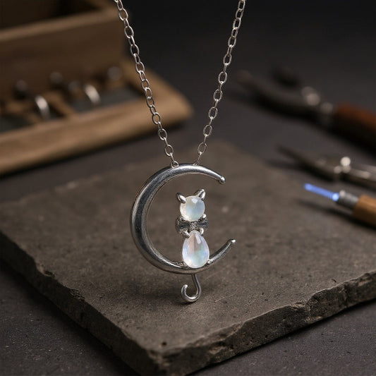 Moonstone Crescent Cat Necklace