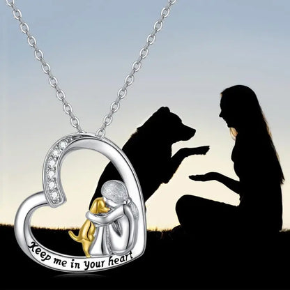Silver Heart Necklace with Dog and Zirconia Stones
