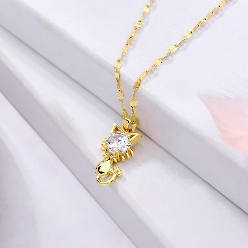 Gold-Plated Cat Necklace with Zirconia