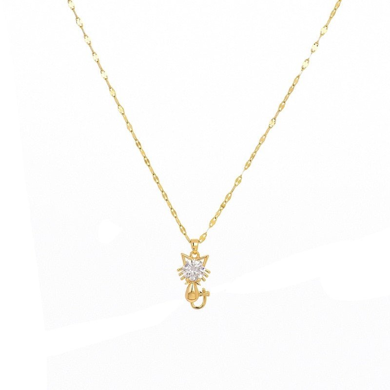Gold-Plated Cat Necklace with Zirconia