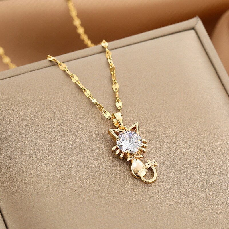 Gold-Plated Cat Necklace with Zirconia