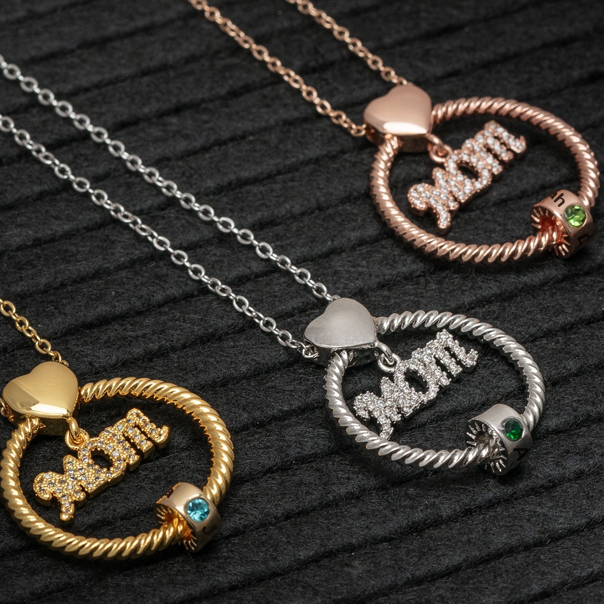 Personalized Circle Pendant Necklace with Engraved Names & Birthstone Beads