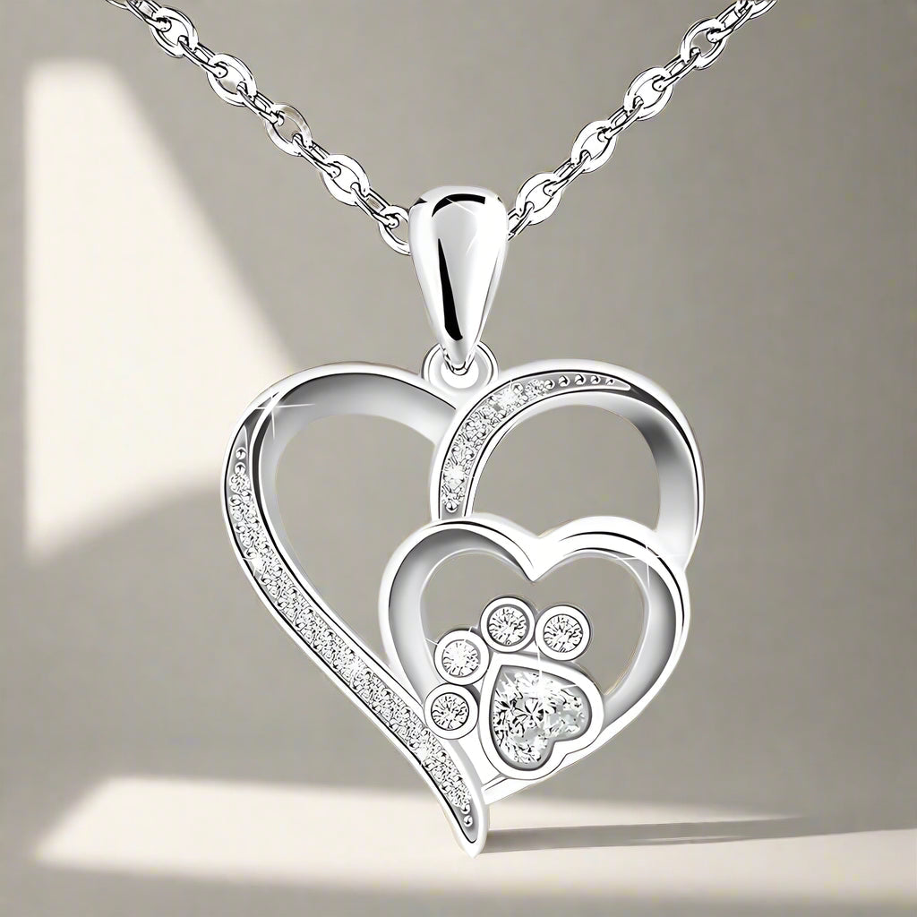 Sterling Silver Necklace with Paw and Heart with Zirconia