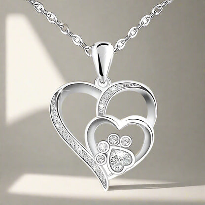 Sterling Silver Necklace with Paw and Heart with Zirconia