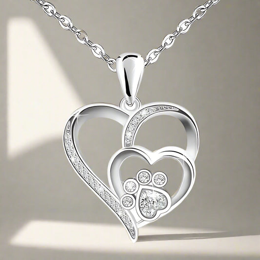 Sterling Silver Necklace with Paw and Heart with Zirconia