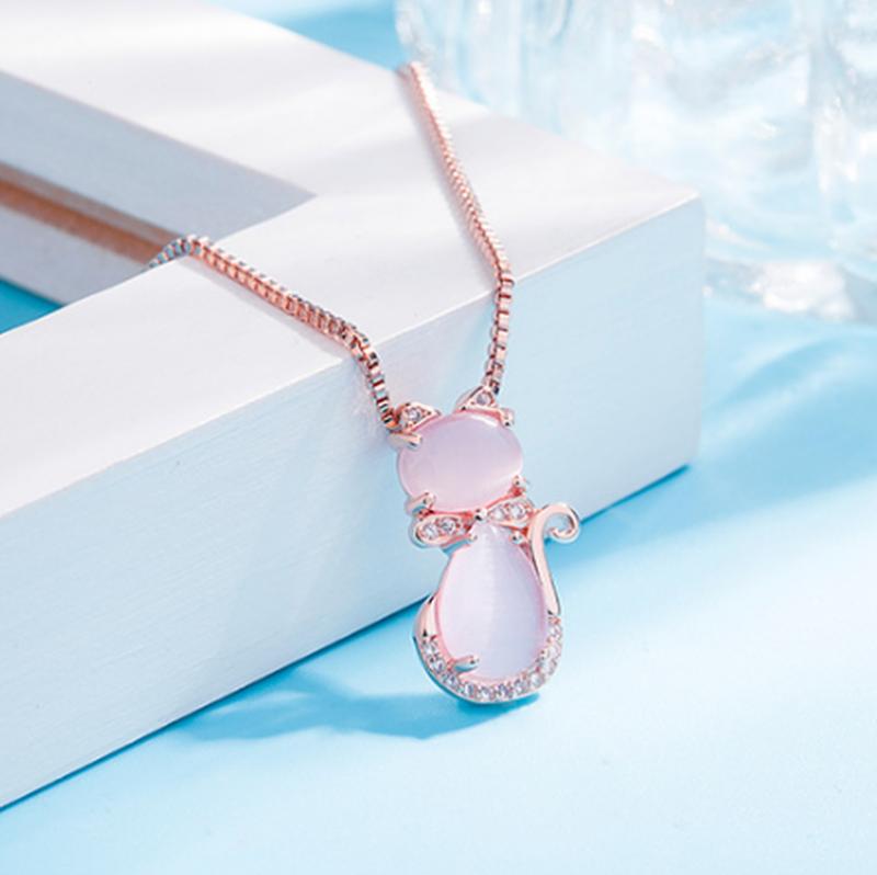 Necklace with Adorable Cat in Pink Stone with Zircon