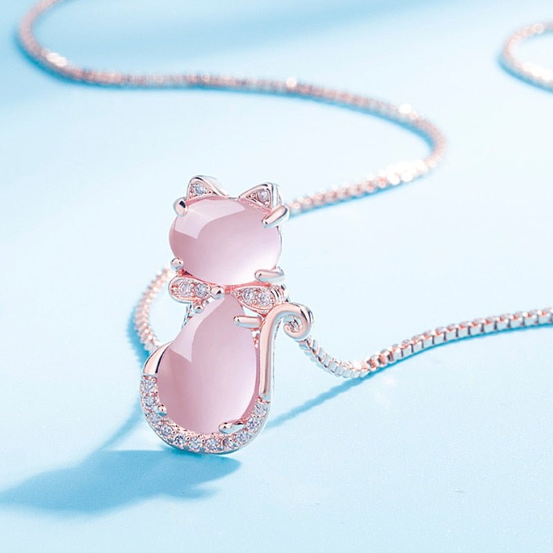 Necklace with Adorable Cat in Pink Stone with Zircon