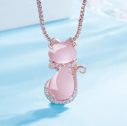 Necklace with Adorable Cat in Pink Stone with Zircon