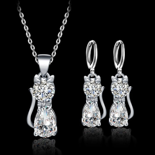 Set necklace + earrings Happy Cats in sterling silver and shiny white zirconia