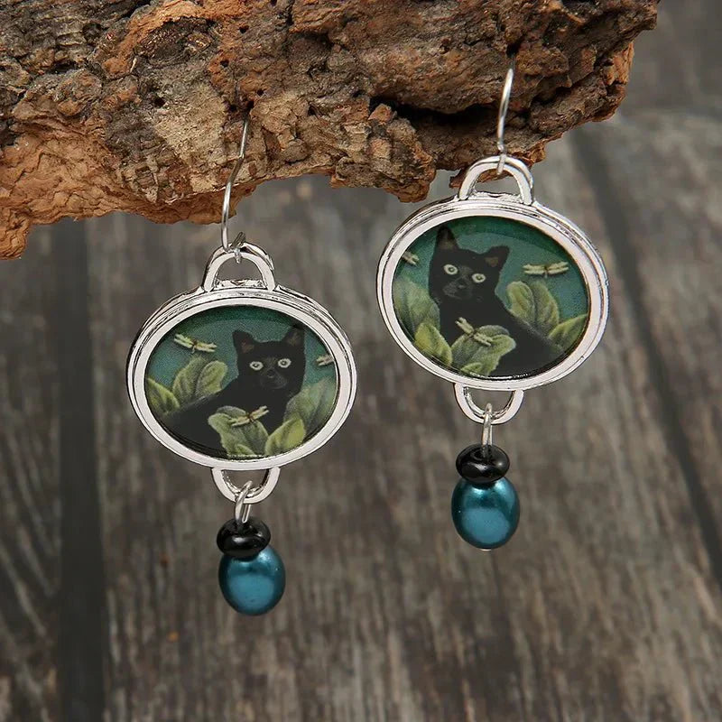 Vintage Drop Earrings with Tropical Black Cat