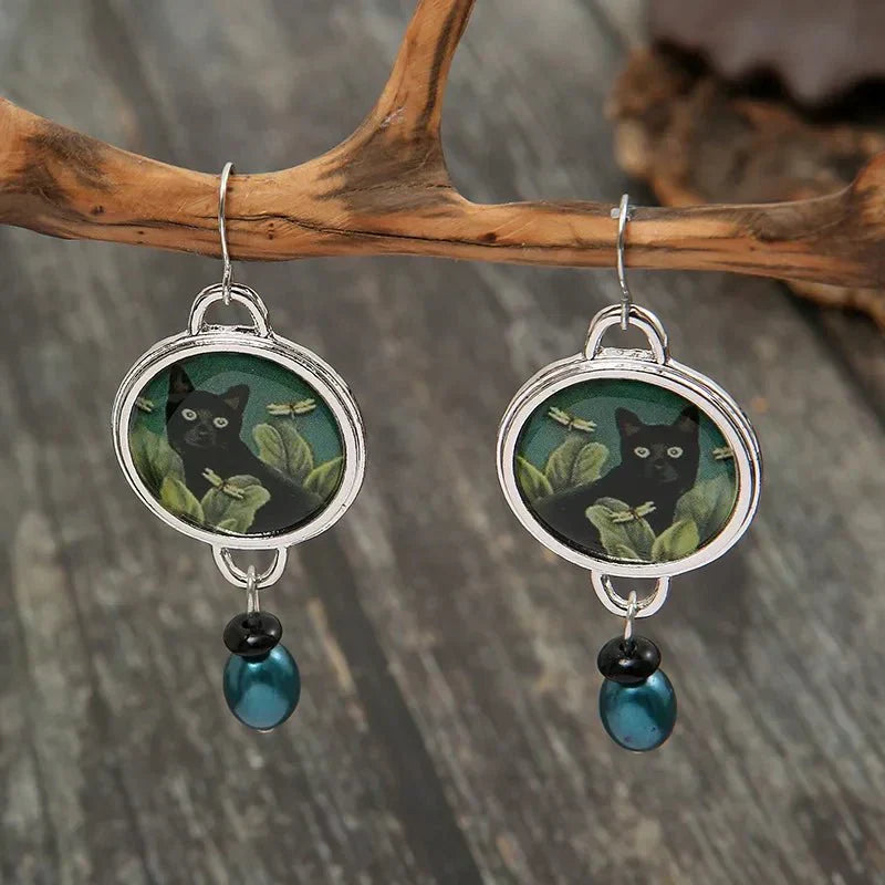 Vintage Drop Earrings with Tropical Black Cat