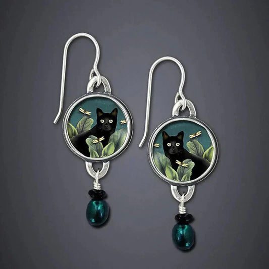 Vintage Drop Earrings with Tropical Black Cat
