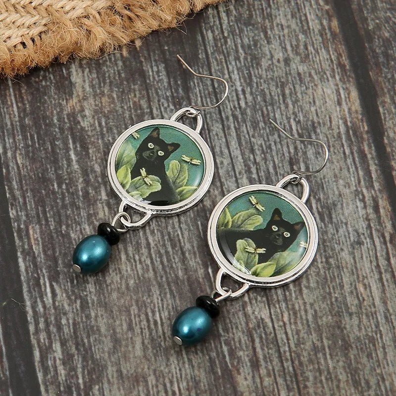 Vintage Drop Earrings with Tropical Black Cat